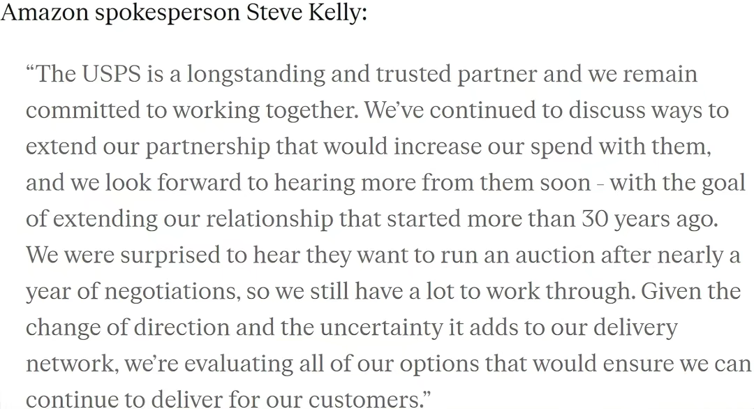 分手？亚马逊不要USPS了？