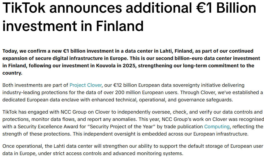 TikTok在芬兰追加10亿欧元投资